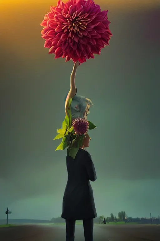 Image similar to closeup giant dahlia flower head, frontal, girl in a suit, standing in street, surreal photography, sunrise, dramatic light, impressionist painting, digital painting, artstation, simon stalenhag