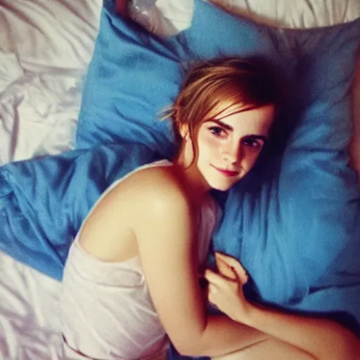 Image similar to emma watson waiting for you in bed at night while smiling shyly, messy hair bedhead, very sleepy and shy, bare shoulders, comforting, covered by little blue nighty, dim cool lighting