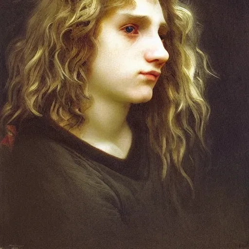 Prompt: a teen boy with long shaggy blonde hair crying angry tears. Face contorted with emotion. Eyes brimming with tears. By Bouguereau. Ruan Jia. Ayami Kojima. Masterpiece