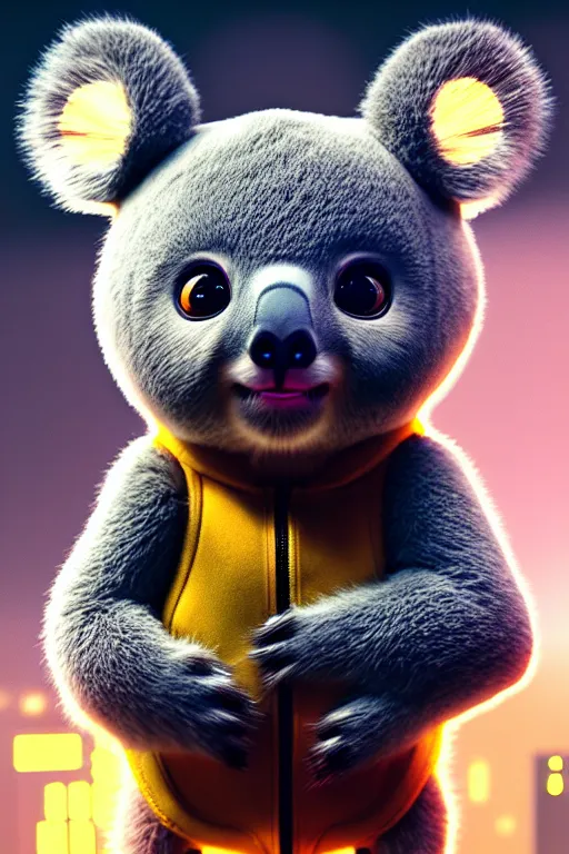 Image similar to high quality 3 d render very cute cyborg koala! cyberpunk highly detailed, unreal engine cinematic smooth, in the style of blade runner & detective pikachu, hannah yata charlie immer, moody light, low angle, uhd 8 k, sharp focus