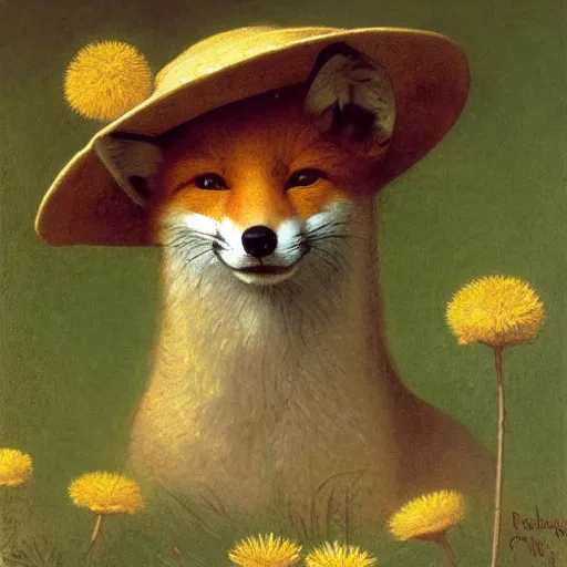 Prompt: A portrait of a fox wearing a hat full of dandelions, by Robert Cleminson and William-Adolphe Bouguereau