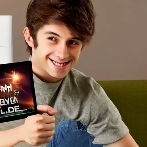 Prompt: a young man with brown hair reads a message on his TV and is super happy, and dancing on the ceiling, because he gets free Xbox game upgrades on his computer, realistic photo