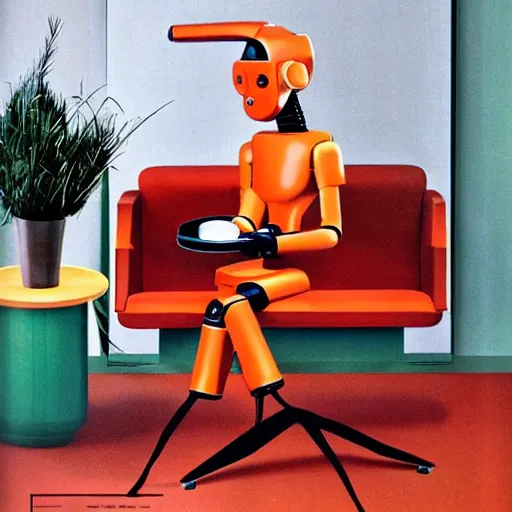 Prompt: robot maid in a mid century modern living room, burnt orange, olive green, earth tones, retro future, marcelline stoyke, eric joyner