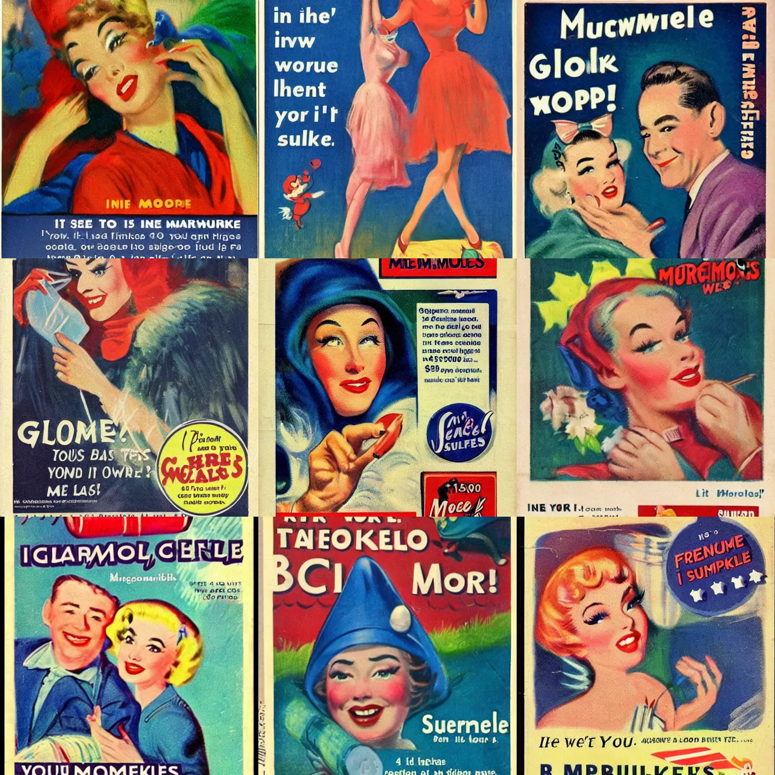 Prompt: this video has been brought to you by our sponsors glackensmoops. when you ’ re in a bind, the last place you want to be, is without glackensmoops, i ’ ll tell you that right now for free. 4 9 3 smurtle bucks. vintage 1 9 5 0 s advertisement