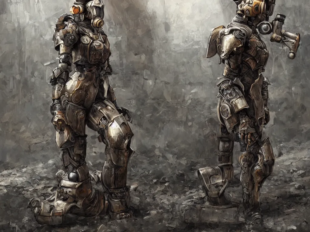 Prompt: one futuristic female paladin in rusty power armor kneeling, post - apocalyptic, highly detailed painting, wlop