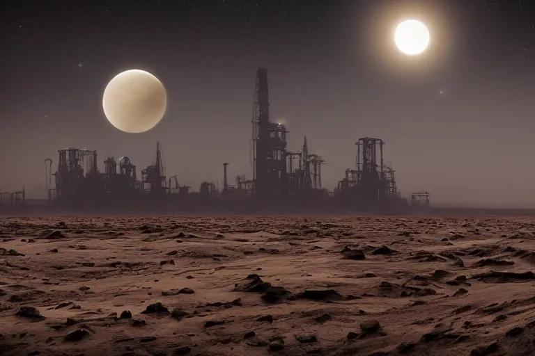 Image similar to landscape photography alien dust planet with sandstorm and oil rigs with multiple moons in the starry space skyline. men working seem small. sense of scale. huge futuristic grungy industrial buildings