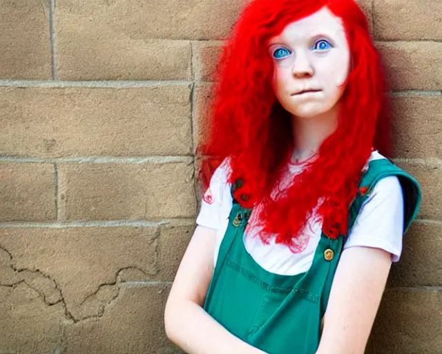 Prompt: A young lady with a round face, very long bright red hair, big green eyes, barefoot, wearing a teal t-shirt and gold overalls, award winning photograph