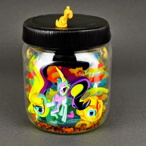 Image similar to a my little pony figure in a jar covered in a mysterious sticky yellowish fluid