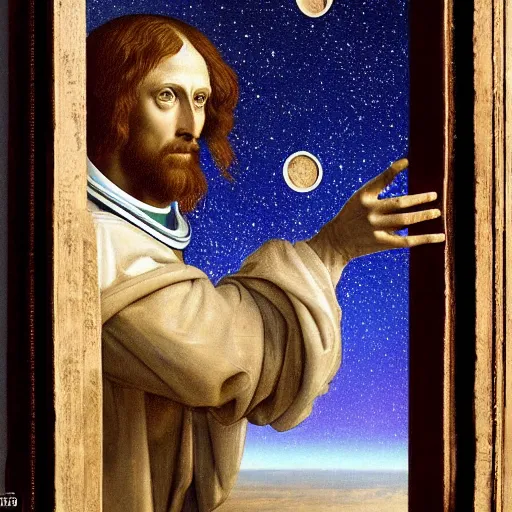 Image similar to photo - realism, space astronaut opening door that shows space and time like jesus christ portrait created by leonardo davinci with extra detail, epic, perfection.