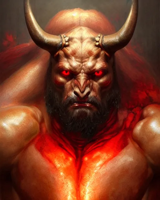 Prompt: minotaur from path of exile, muscular pecs, portrait, digital painting, highly detailed, intricate, trending on artstation, sharp focus, art by greg rutkowski and stefan kostic and bouguereau