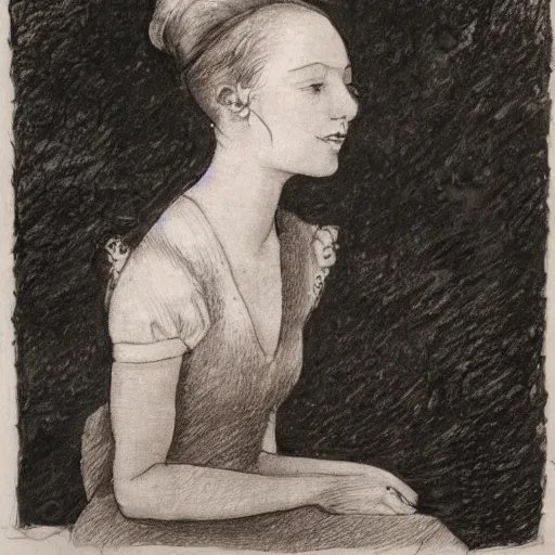 Image similar to ink drawing what portrait of a lady 1 8 years old, with lunch