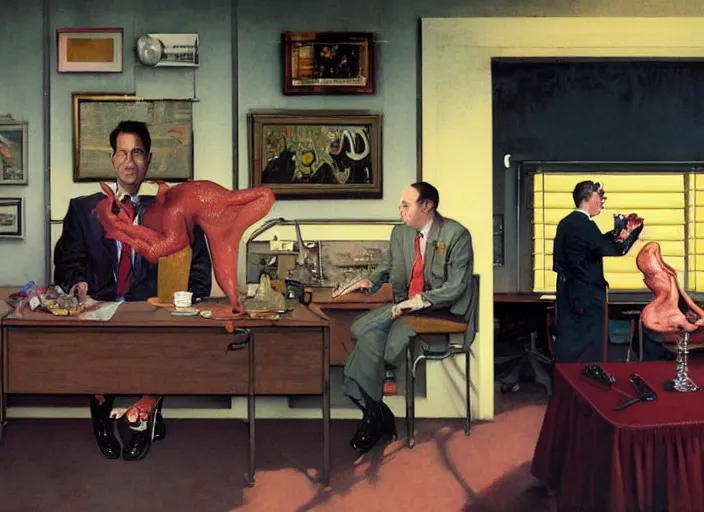 Prompt: a still from the tv series the office by francis bacon, surreal, norman rockwell and james jean, greg hildebrandt, and mark brooks, triadic color scheme, by greg rutkowski, in the style of francis bacon and syd mead and edward hopper and norman rockwell and beksinski, dark surrealism, open ceiling