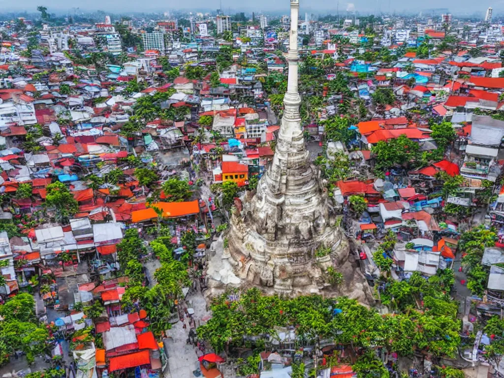 Image similar to tugu jogja with details, and panoramatic view, and dense city crowd feels with javanese wore traditional dress everywhere, high definition art, 4 k images