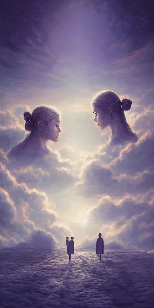 Prompt: symmetry!! they looked in the distance, heavenly landscape, serene, peace, very detailed, perfect composition, perfect lighting, 4 k, tim white, artgerm