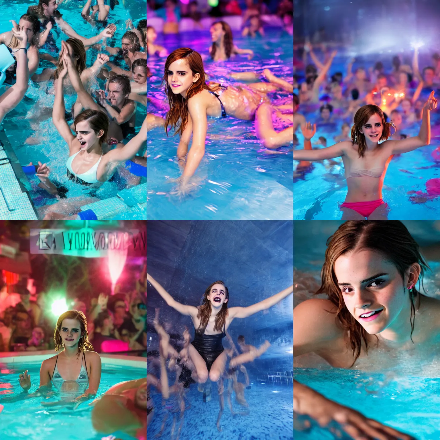 Prompt: A photo of Emma Watson having fun in a pool party filled with people in a modern indoors pool with cyberpunk illumination at night . 4k photo, Hyper realistic