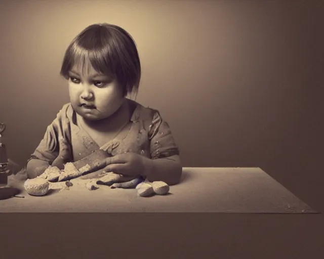 Image similar to very stylized old photo portrait of a fat sweet little girl sculpting a house on the wall, full body. long shot. beautiful hands, flowery cloth. subsurface scattering shiny skin. beautiful lighting, 4 k post - processing, trending in art station, cg society, highly detailed, 5 k extremely detailed, 3 d. cinematic scene. sharp details. bokeh