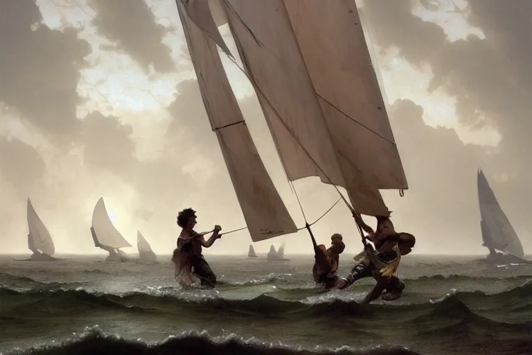 Image similar to ancient historically accurate depiction of Bible Character walking on water during a storm, a small fishing sailboat with scared sailors on board, dramatic lighting by frank miller, illustration by Ruan Jia and Mandy Jurgens and William-Adolphe Bouguereau, Artgerm, 4k, digital art, surreal, space dandy style, highly detailed, godsend, artstation, digital painting, concept art, smooth, sharp focus, illustration by Ruan Jia and Mandy Jurgens and William-Adolphe Bouguereau, Artgerm