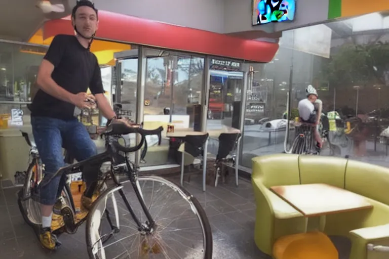 Image similar to cyclist in toilet!!! inside mcdonalds is eating donuts!!! and drinking yerba!!! mate