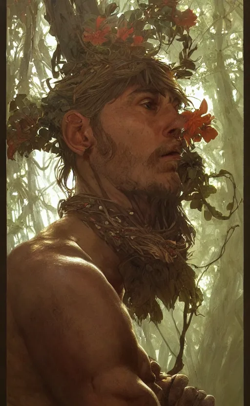 Image similar to god of the forest, 3 0 years old, rugged handsome, male, gorgeous, detailed face, clean lines, cinematic light, amazing, full body, flowers, muscular, intricate, highly detailed, digital painting, artstation, concept art, sharp focus, illustration, art by greg rutkowski and alphonse mucha