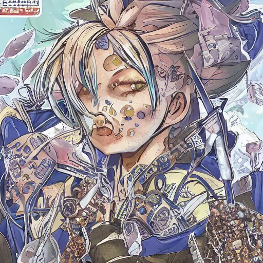 Image similar to Magazine Cover Anime key visual of a Gucci girl; official media; typography; drawn by Hirohiko Araki; Jojo's Bizarre Adventure; Jojolion, portrait, made by Stanley Artgerm Lau, WLOP, Rossdraws, James Jean, Andrei Riabovitchev, Marc Simonetti, Yoshitaka Amano, ArtStation