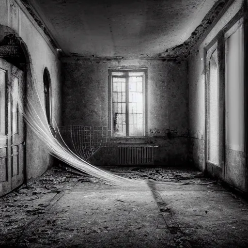 Image similar to a grainy photo of a shadowy figure in a birdcage in an old abandoned hall, black and white, motion blur, long exposure