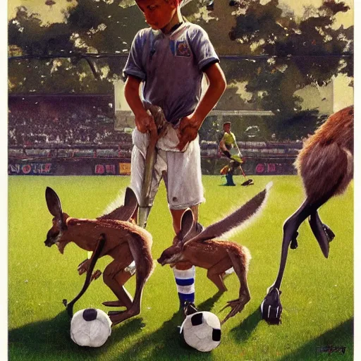 Prompt: Norman Rockwell painting of kangaroos wearing soccer uniforms, concept art, artstation, 4k