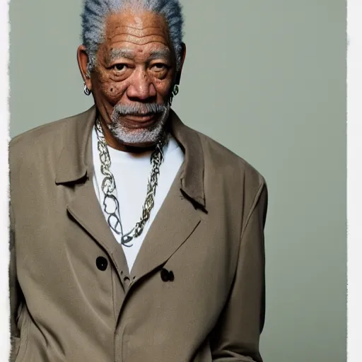 Prompt: a candid portrait photograph of Morgan Freeman starring as rapper Travis Scott in the style of Chi Mondu, shallow depth of field, 40mm lens