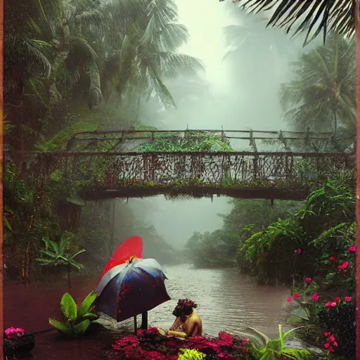 Prompt: monsoon on tropical island, ornate, beautiful, atmosphere, vibe, mist, smoke, fire, chimney, rain, wet, pristine, puddles, melting, dripping, snow, creek, lush, ice, bridge, forest, roses, flowers, by stanley artgerm lau, greg rutkowski, thomas kindkade, alphonse mucha, loish, norman rockwell