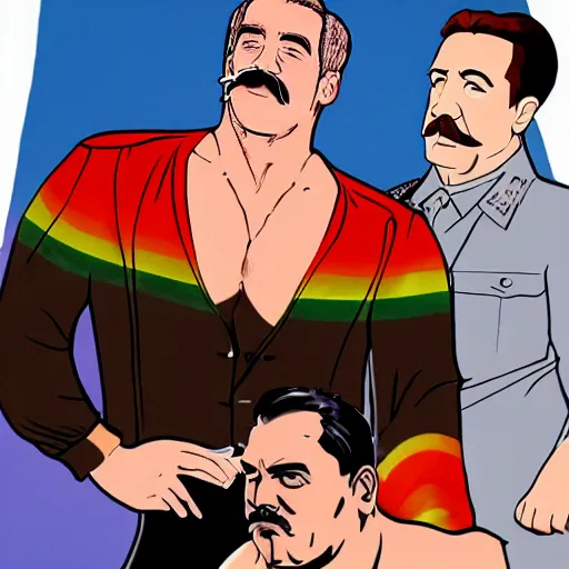 Image similar to lgbt art, tom of finland style, stalin, lenin, in billy herrington body, big, daddy, art in 4 k, high quality