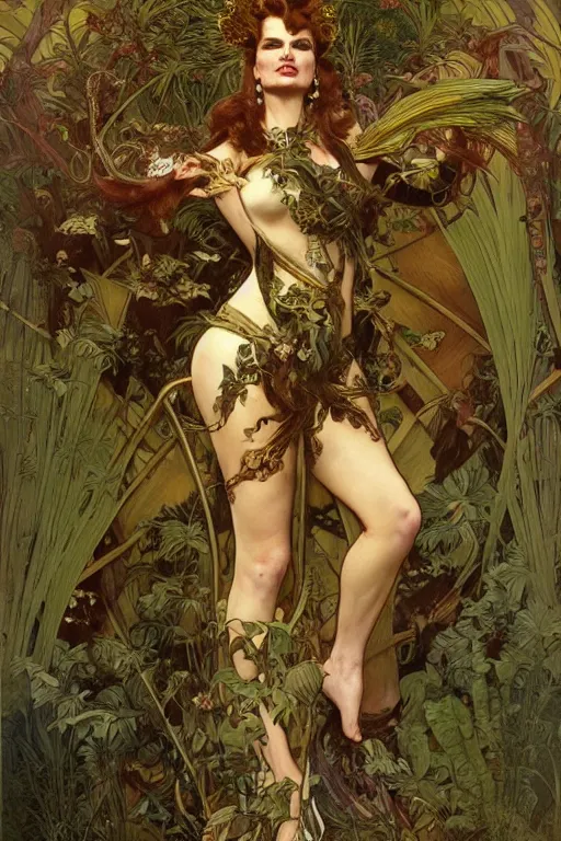 Prompt: geena davis as queen of the jungle, running, full figure, painted by nekro, alphonse mucha, dark - fantasy, intricate detail, artstation, cgsociety, rococo, gold leaf art