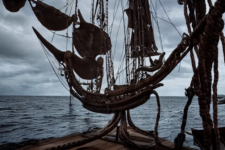 Image similar to product shot kraken rum on an old pirate ship, giant tentacle by emmanuel lubezki