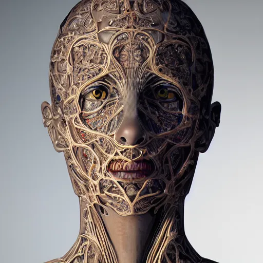 Image similar to beatifull frontal face portrait of a woman, 150 mm, anatomical, flesh, flowers, mandelbrot fractal, facial muscles, veins, arteries, symmetric, intricate, golden ratio, full frame, microscopic, elegant, highly detailed, ornate, ornament, sculpture, elegant , luxury, beautifully lit, ray trace, octane render in the style of peter Gric , alex grey and Romero Ressendi