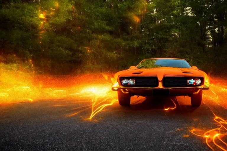 Prompt: pontiac firebird with glowing paint, sunrise, eerie light, fireflies, dog watching the car, dramatic, cinematic, forest, horror, sunbeams, volumetric lighting, wide shot, low angle, lightning storm hitting the car, ground cracking open to reveal a portal to hell