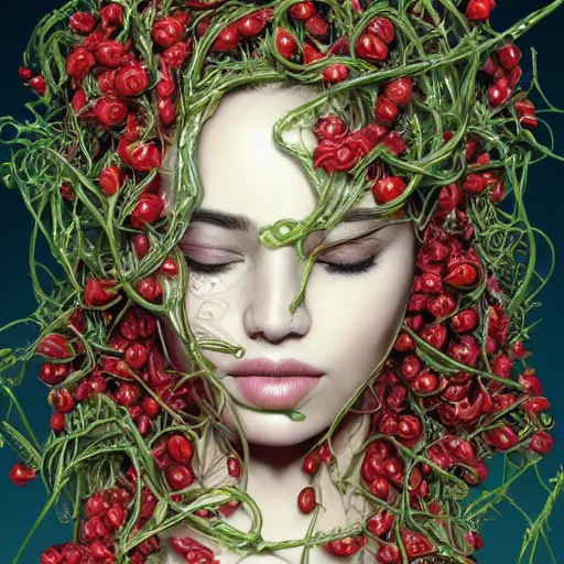 Prompt: the face of an incredibly beautiful and elegant woman partially made of tomatoes vines and grass, an ultrafine detailed illustration by james jean, final fantasy, intricate linework, bright colors, behance contest winner, vanitas, angular, altermodern, unreal engine 5 highly rendered, global illumination, radiant light, detailed and intricate environment