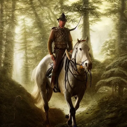 Image similar to a man riding on the back of a white horse through a forest, a detailed matte painting by frieke janssens, featured on cgsociety, fantasy art, matte painting, reimagined by industrial light and magic, matte drawing