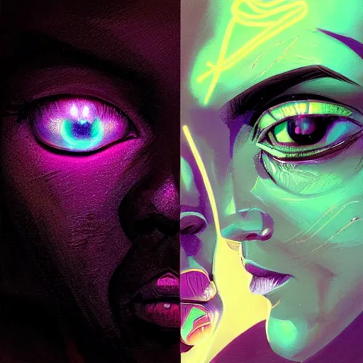 Image similar to african neon necromancer, science fiction, highly detailed, digital painting, beautiful eyes, symmetry, concept art, sharp focus, illustration, global illumination, radiant light, synthwave colors, detailed and intricate environment, art by artgerm and greg rutkowski and magali villeneuve and ilya kuvshinov!