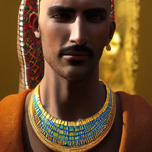 Image similar to a man in egyptian clothing wearing rings and jewlery on his neck, 8k resolution, serene, photorealistic, digital art, hyperdetailed, Unreal Engine, dynamic lighting, ultra detailed, trending on art station, concept art, stunning visuals, extreme detail