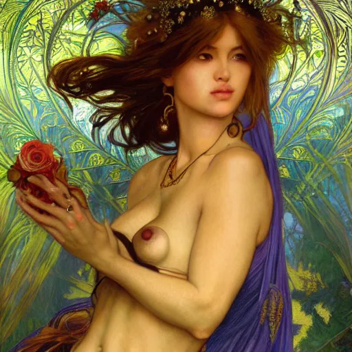 Image similar to an portrait of a beautiful alluring female goddess, detailed, centered, digital painting, artstation, concept art, donato giancola, Dante Gabriel Rossetti, alphonse mucha, Joseph Christian Leyendecker, WLOP, Boris Vallejo, Annie Leibovitz and Steve McCurry, David Lazar, Jimmy Nelsson, Breathtaking, 8k resolution, extremely detailed, beautiful, establishing shot, artistic, hyperrealistic, beautiful face, octane render