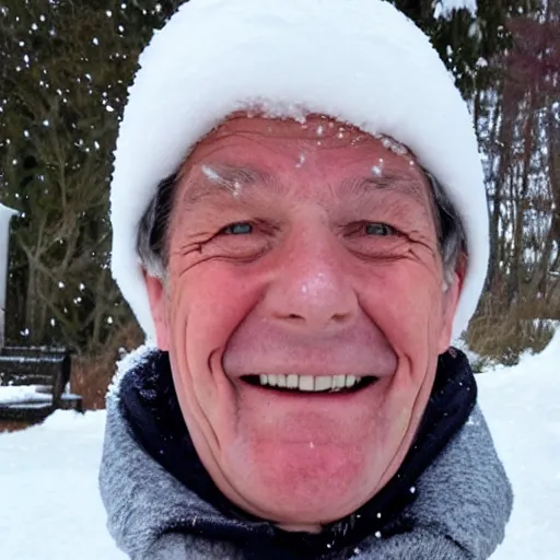 Image similar to a smiling old man covered in snow