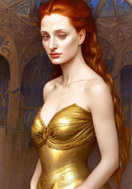 Image similar to sansa angeline jolie gessica chastain in gold, intricate, elegant, highly detailed, digital painting, artstation, concept art, smooth, sharp focus, illustration, art by artgerm and greg rutkowski and alphonse mucha and william - adolphe bouguereau