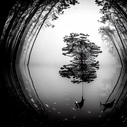 Prompt: a gloomy fish swimming through trees in a black and white forest