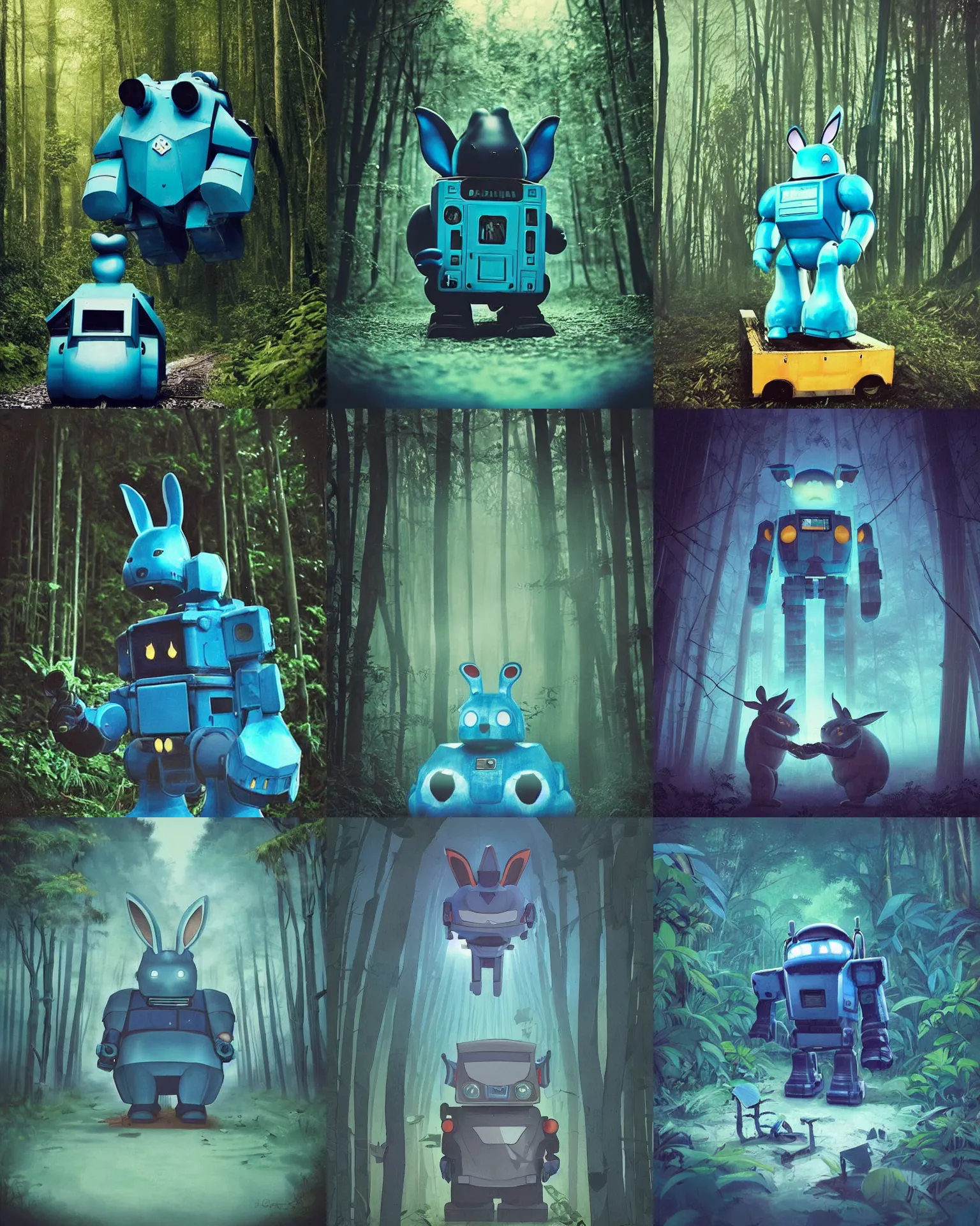 Prompt: dark night blue cyan !!!giant oversized battle rabbit robot chubby fat mech with big ears as double decker train , in jungle forest !!! , full body , nighttime, Cinematic focus, Polaroid photo, vintage , neutral dull colors, foggy ,by oleg oprisco , by victor enrich , by gregory crewdson , by discovery channel