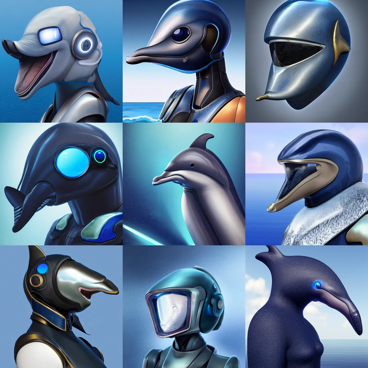 Prompt: very very beautiful furry art, bust profile picture of a robotic anthro dolphin, face covered by dark opaque visor, wide bottlenose snout below visor, smooth round shapes, all dark blue metal, commission on furaffinity, cgsociety, octane render, sea in background