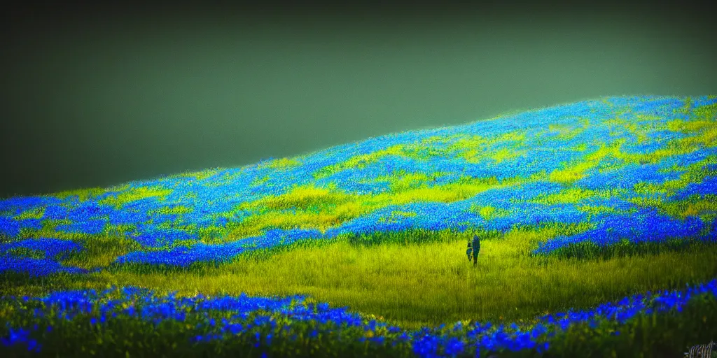 Image similar to ( * ) midnight, meadows on hills, blue flowers bloomed all over, glowing spores flying, photo, cinematic, 4 k, incredibly detailed, ephemere, feerique atmosphere contemplative