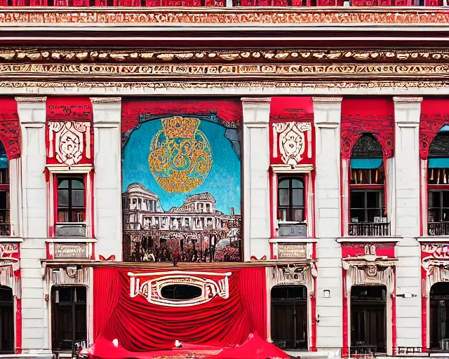 Image similar to photo of an outdoor mural of an opera house from the early 1 9 0 0 s in the style of art nouveau, red curtains, art nouveau design elements, art nouveau ornament, opera house architectural elements, painted on a brick wall, outdoor mural, mucha, masonic symbols, masonic lodge