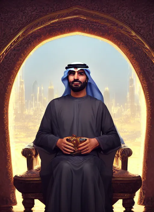 Image similar to portrait of sheikh mohammad ruler of dubai as goblin, trending in artstation, cinematic lighting, studio quality, smooth render, unreal engine 5 rendered, octane rendered, art style by klimt and nixeu and ian sprigger and wlop and krenz cushart.