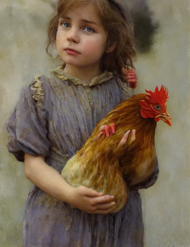 Image similar to portrait of little peasant girl holding a chicken, cottage core, cinematic focus, polaroid photo bleached vintage pastel colors high - key lighting, soft lights, foggy, by steve hanks, by lisa yuskavage, by serov valentin, by tarkovsky, 8 detailed, oil on canvas