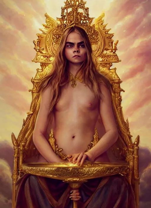 Image similar to cute chubby cara delevingne as a heavenly queen sitting on a golden throne, anatomy, bathed in light, highly detailed, photorealistic, artstation, smooth, sharp focus, illustration, unreal engine 5, 8 k, art by artgerm and greg rutkowski and edgar maxence