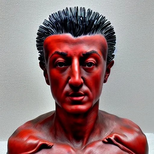 Image similar to museum young stallone portrait statue monument made from porcelain brush face hand painted with iron red dragons full - length very very detailed intricate symmetrical well proportioned