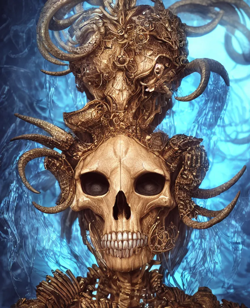 Image similar to close-up macro portrait of the face of a beautiful princess with ram animal skull mask, epic angle and pose, ribcage skeleton symmetrical artwork, 3d with depth of field, blurred background, cybernetic jellyfish female face phoenix bird, translucent, nautilus, energy flows of water and fire. a highly detailed epic cinematic concept art CG render. made in Maya, Blender and Photoshop, octane render, excellent composition, cinematic dystopian brutalist atmosphere, dynamic dramatic cinematic lighting, aesthetic, very inspirational, arthouse. y Greg Rutkowski, Ilya Kuvshinov, WLOP, Stanley Artgerm Lau, Ruan Jia and Fenghua Zhong